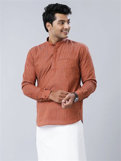 Mens Cotton Brown Striped Short Length Kurta RA16-Front view