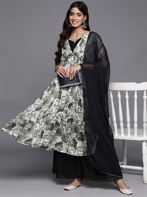 Varanga Women Off-White And Black Floral Printed Kurta With Bottom And ...