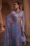Buy Blue Crepe, Georgette Sequins, Floral Pattern Pre-draped Skirt ...