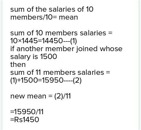 The mean monthly salary of 10 members of a group is Rs 1445. One more ...