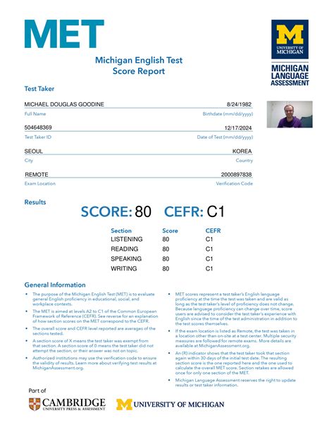 Michigan English Test (MET) Score Report | Test Resources
