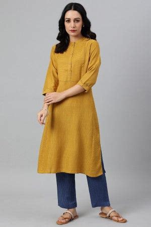 Buy Yellow Thread Embroidered Rayon kurta With Blue Stripe Straight ...
