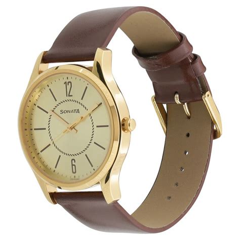 Buy Online Sonata Quartz Analog Champagne Dial Leather Strap Watch for ...