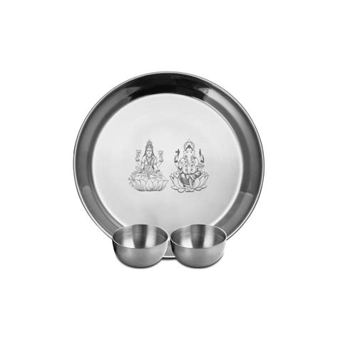 Shri & Sam Stainless Steel Pooja Thali Set Laxmi & Ganesh, Silver ...