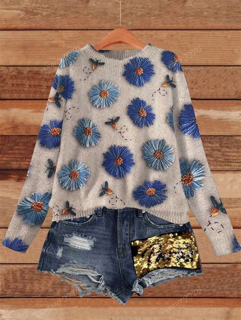 Women's Round Neck Drop Shoulder Daisy Pattern Pullover Sweater For ...