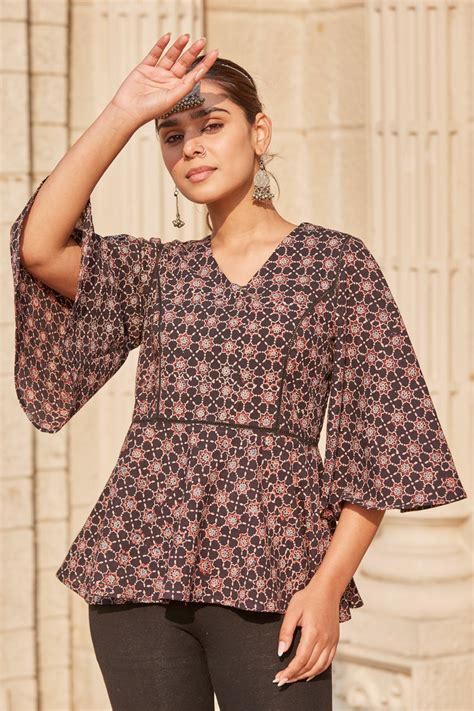 "Shop Ethnic Ajrakh Print Cotton Peplum Top Online | Vishnu