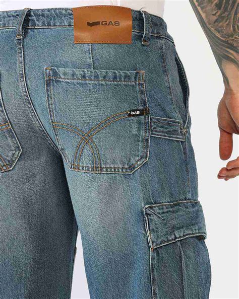 Mid Rise Mid Wash Flared Cargo Jeans