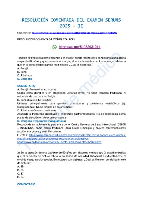 Resolución Comentada del Examen SERUMS 2025 II - MINSA - Studocu