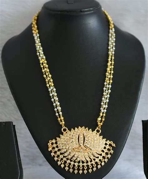 Gold tone 18 inches gold-pearl bead multi layer chain with ad white lo ...