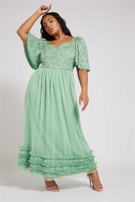 LUXE Plus Size Sage Green Embellished Ruffle Maxi Dress | Yours Clothing