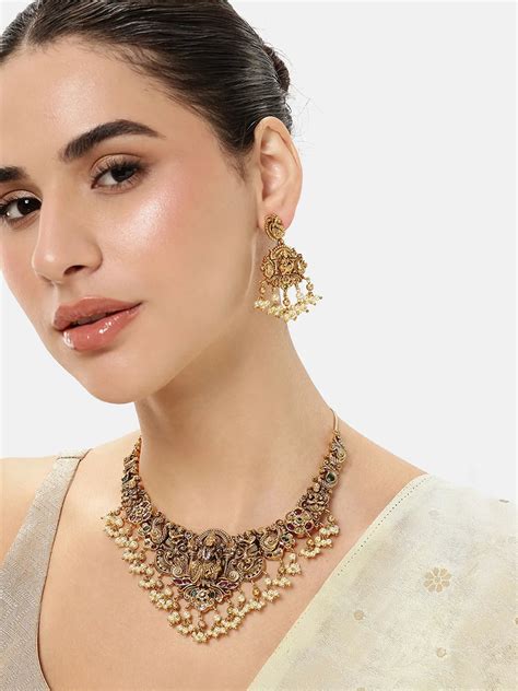 Statement Necklace Earrings Set with Faux Ruby & Pearl | Peora