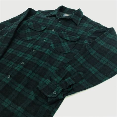 PENDLETON ペンドルトン 70年代 USA製 オープンカラー タータンチェック ウールシャツ ブラック グリーン ネイビー L ...