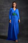 Buy Blue Silk Crystals, Beads V-neck Placement Embellished Kaftan For ...