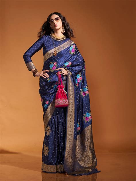 Odette Navy Blue Satin Woven Saree With Unstitched Blouse For Women