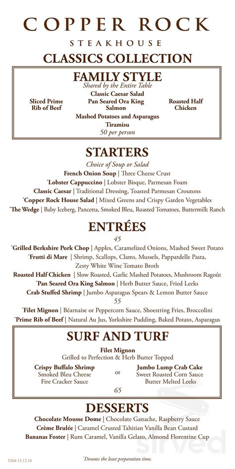 Copper Rock Steakhouse New Buffalo menu in New Buffalo, Michigan, USA