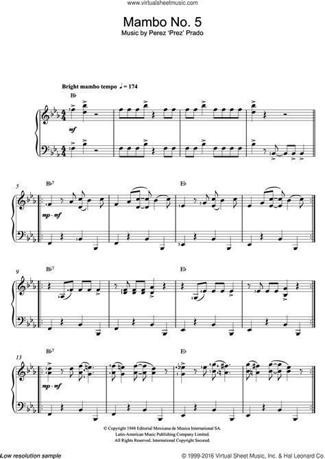 Mambo No. 5 sheet music for piano solo (PDF-interactive)