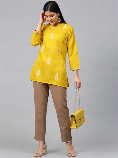 Shop Bhama Couture Yellow & Off-White Embroidered Tunic Online