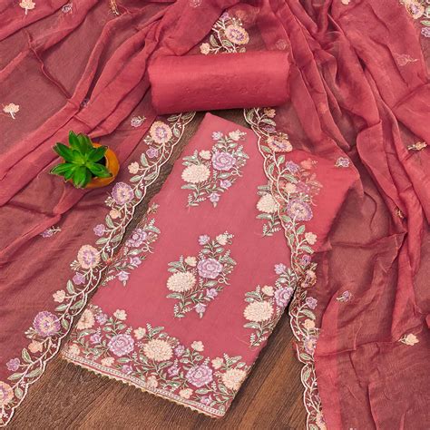 Pink Floral Embroidered With Stonework Chiffon Dress Material