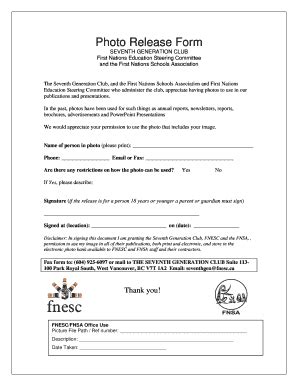Fillable Online Photo Release Form - Seventh Generation Club Fax Email ...