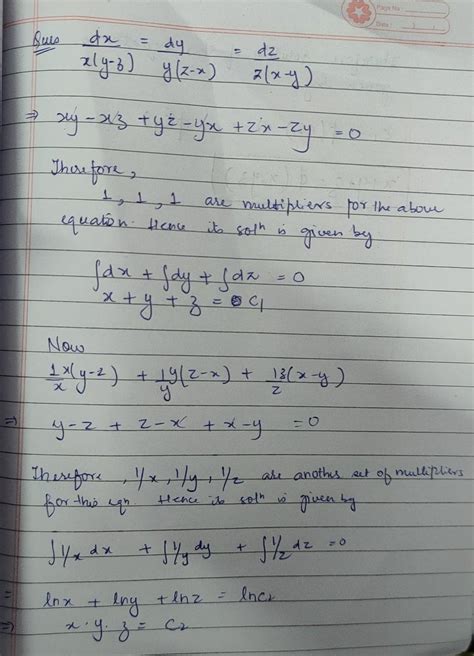 Solve dx/x(y-z)=dy/y(z-x)=dz/z(x-y) - Brainly.in
