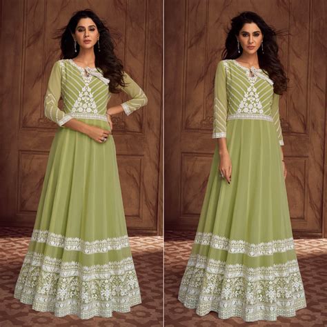 Green Floral Embroidered Georgette Gown