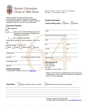 Fillable Online alumni brown Brown University Class of 1964 Dues Please ...