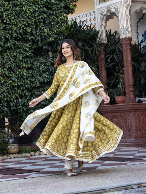 Divena Mustard Cotton Anarkali Kurta Pant Set With Dupatta – divena world