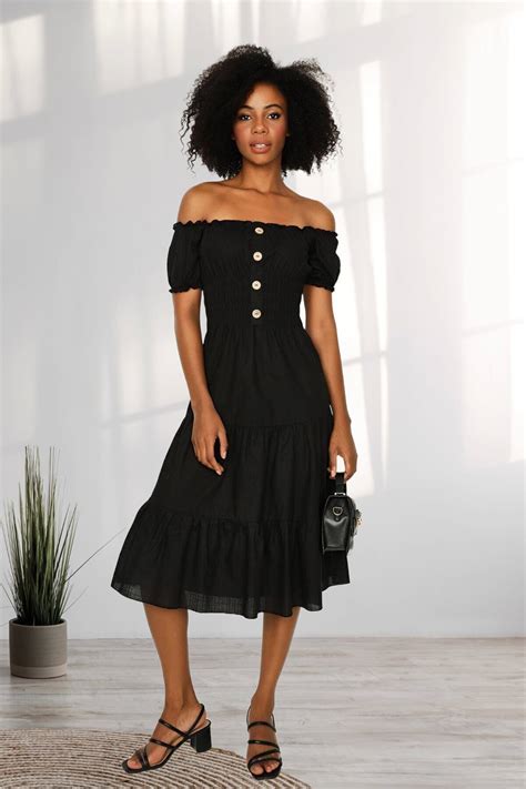Black Off-Shoulder Button and Ruching Detailed Lined Midi Dress ...