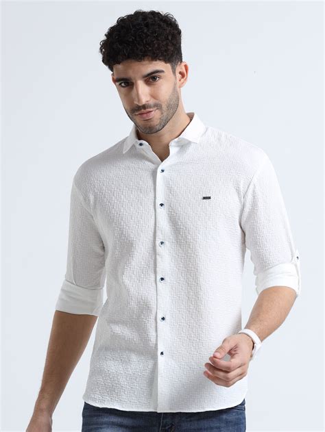 Buy Men's White Popcorn Full Sleeve Casual Slim Fit Shirt