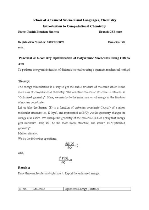 CSE Practical 4: Geometry Optimization of Molecules Using ORCA - Studocu