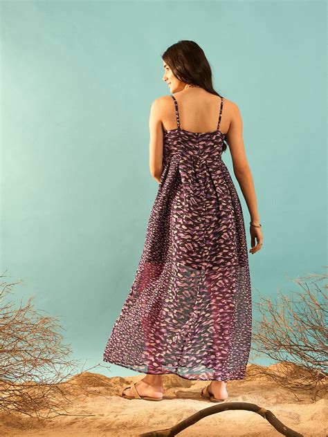 Women Black & Purple Animal Printed V-Neck Sleeveless Flared Maxi Dress ...