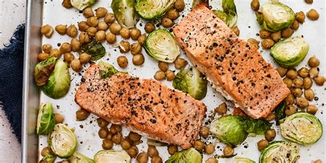 Sheet Pan Salmon With Brussels Sprouts and Chickpeas Recipe | SELF