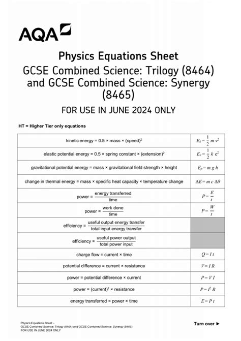 AQA PHYSICS EQUATIONS SHEET GCSE COMBINED SCIENCE: Trilogy (8464) and ...