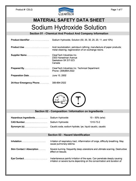 Fillable Online MATERIAL SAFETY DATA SHEET Sodium Hydroxide Solution ...