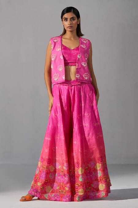 Buy Pink Silk Embroidery Thread Jacket Open Palazzo Set For Women by ...