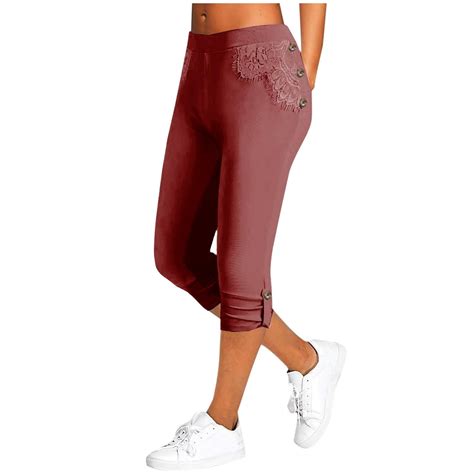 Biziza Red Capri Pants for Women Button Down Solid Color 2025 Yoga Slim ...