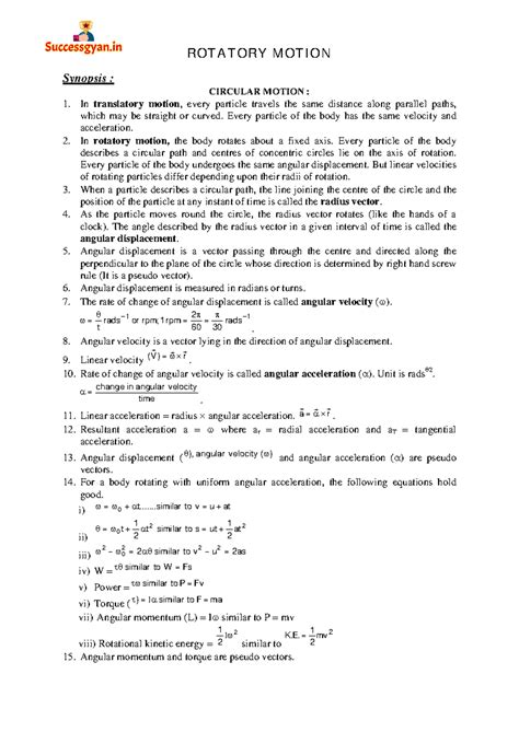 Rotatory Motion - Synopsis : CIRCULAR MOTION : 1. In translatory motion ...