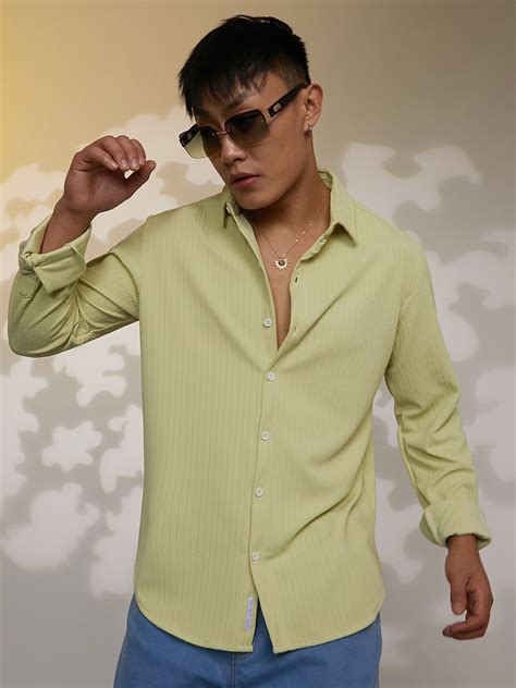 ₹899 | Campus Sutra men's Lime Green Stripe-Creased Shirt - Campussutra