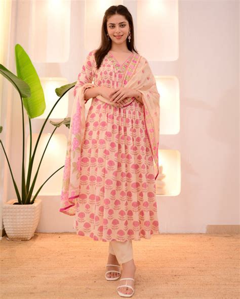 Peachy Pink 3 PC Floral Print Pintex A Line Festive Suit Set For Women ...