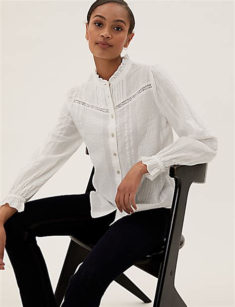 Buy Pure Cotton Lace Insert Pintuck Blouse at Marks & Spencer