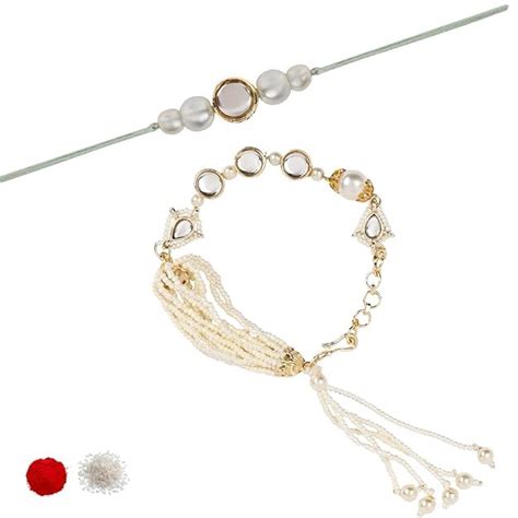 I Jewels Mens Designer Kundan Pearl Hanging Bhaiya Bhabhi Lumba Rakhi ...