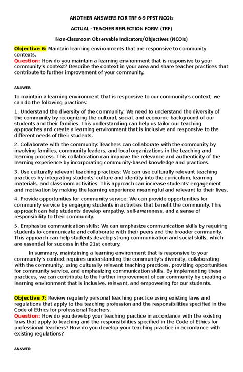 TRF Objectives 6-9: Comprehensive Answers and Reflection Insights - Studocu