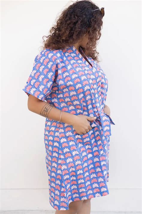 Bani Hand Block Printed Blue Lotus Kimono Dress – Nilam India