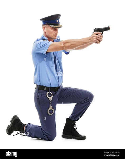 Man, police officer and pointing gun ready to fire or shoot isolated on ...