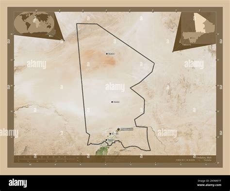 Timbuktu, region of Mali. Low resolution satellite map. Locations and ...