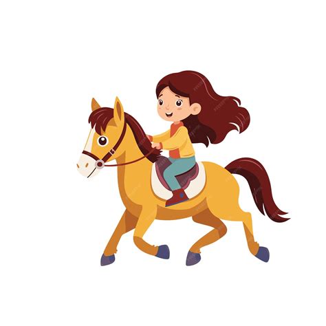 Niña de dibujos animados montando un caballo con una expresión feliz ...