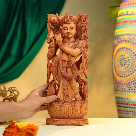 Buy 16" Kadam Wood Krishna Idol with Flute & Peacock – Ethnic India ...