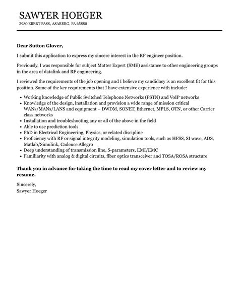 RF Engineer Cover Letter | Velvet Jobs