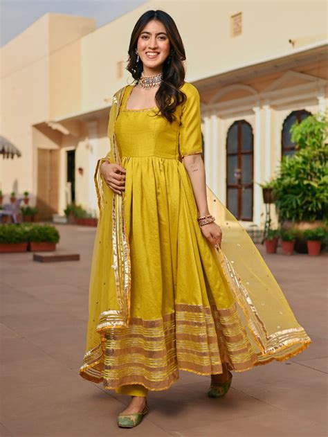 Lemon Green Silk Anarkali set