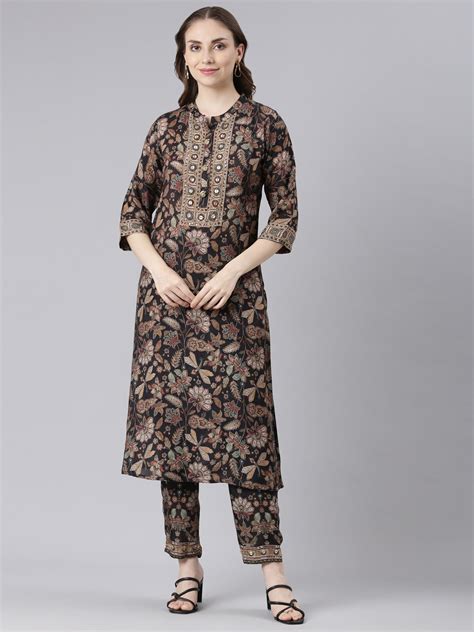 Neerus Black Muslin Straight Casual Floral Kurta Sets – Neerus India